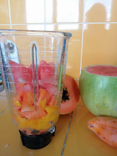 Colorful fruit in blender - smoothie in the making.