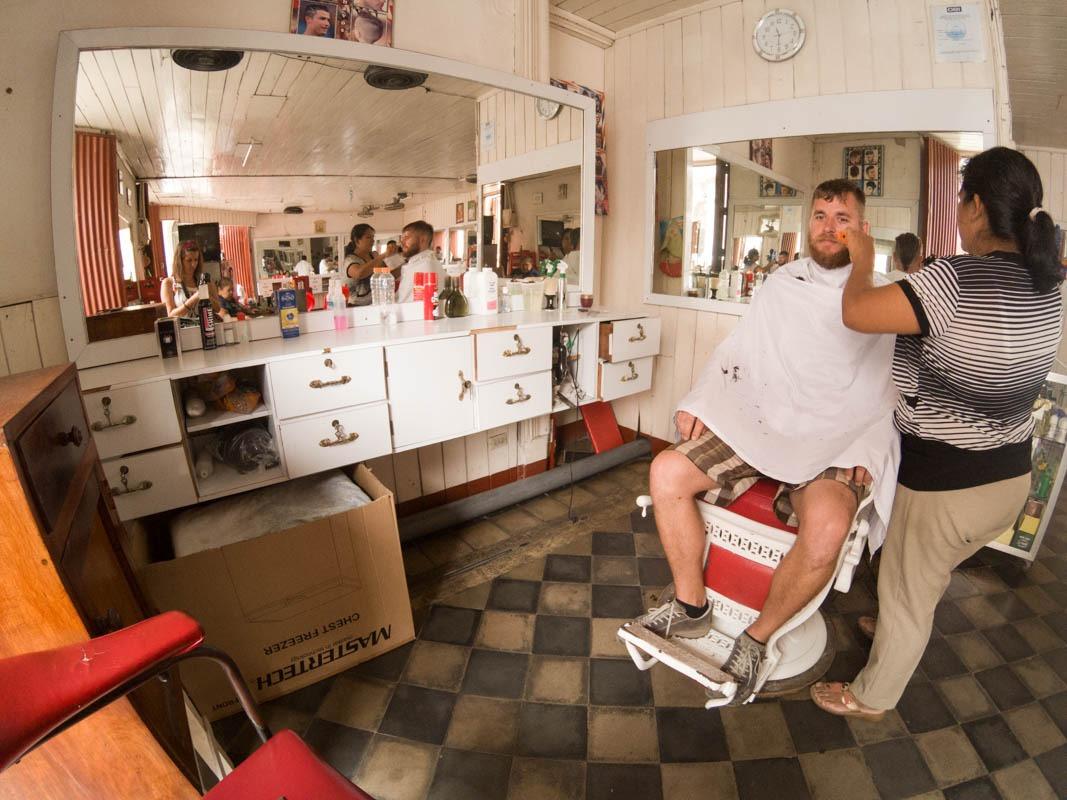 At barber shop (NIcaragua travel budget)