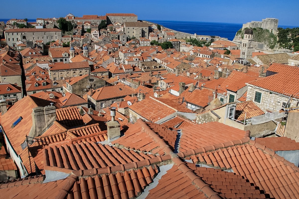 Dubrovnik, a highlight of any Balkan trip, from the above - rooftops and sea in the distance