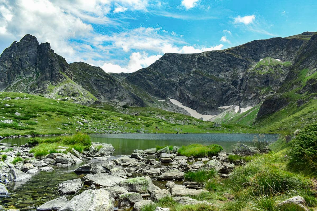 One of the Rila lakes in Bulgaria, nestled among mountains. 