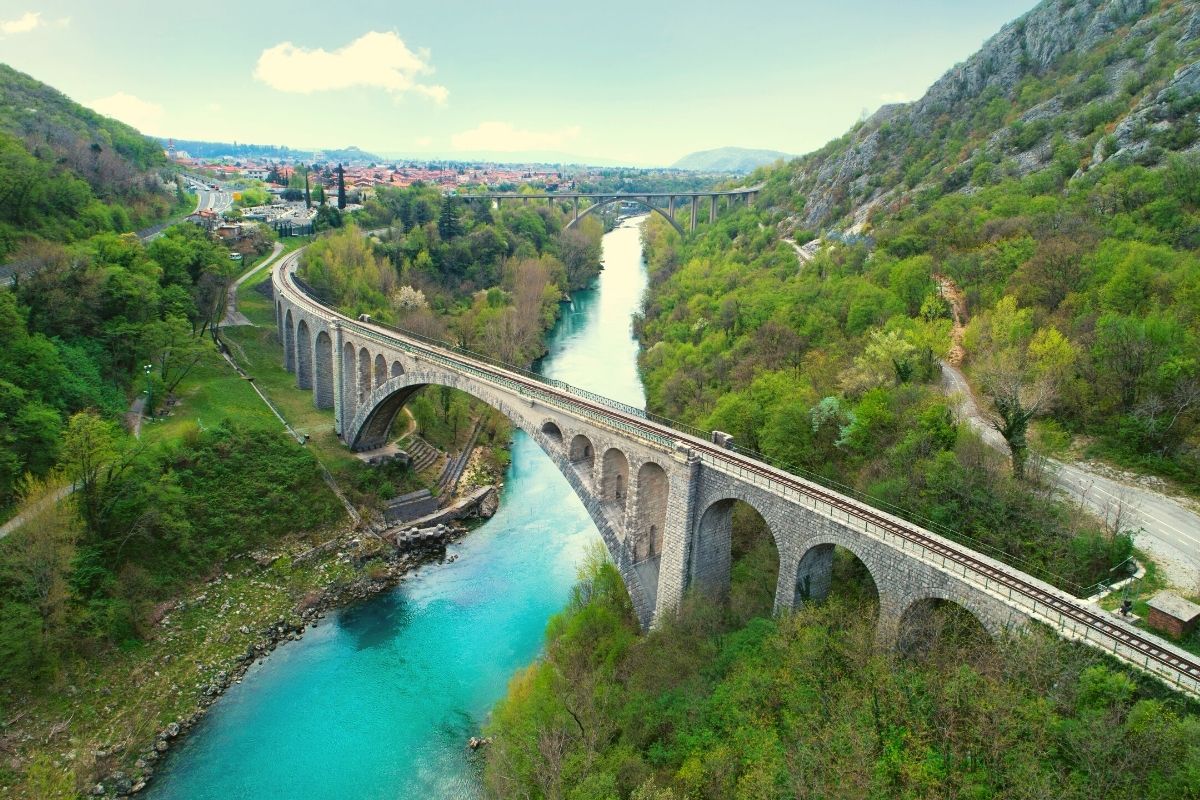 Solkan bridges in Slovenia, where bungee jumping, one of the top outdoor adventures in Slovenia, takes place